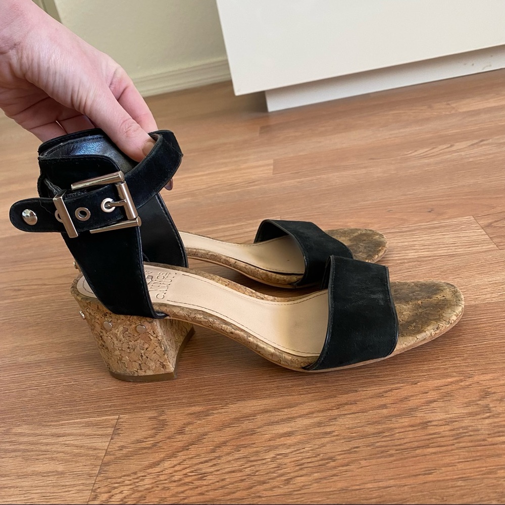 Vince Camuto Black Suede & Cork Heeled Sandals